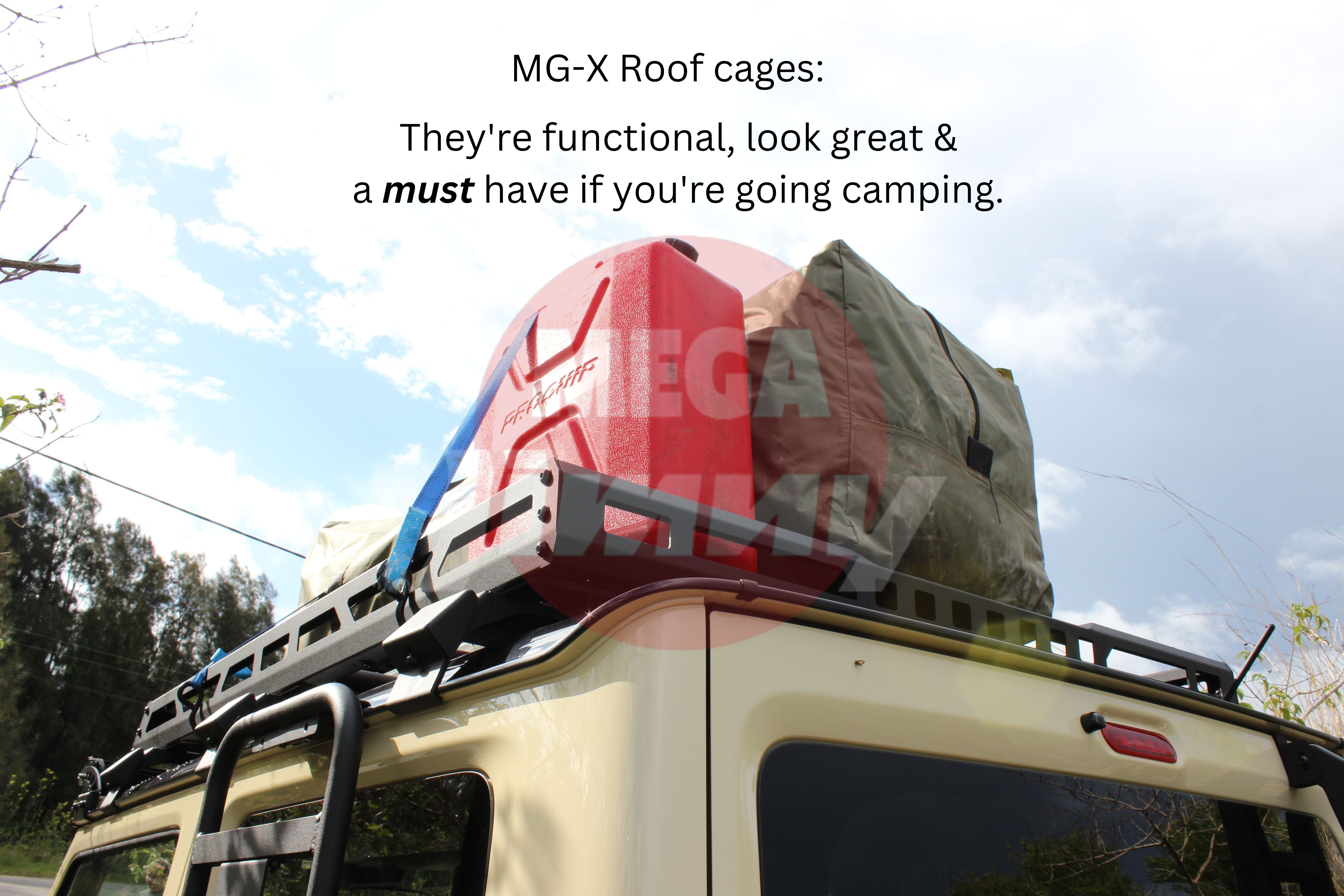 mg-x roof cage with camping gear