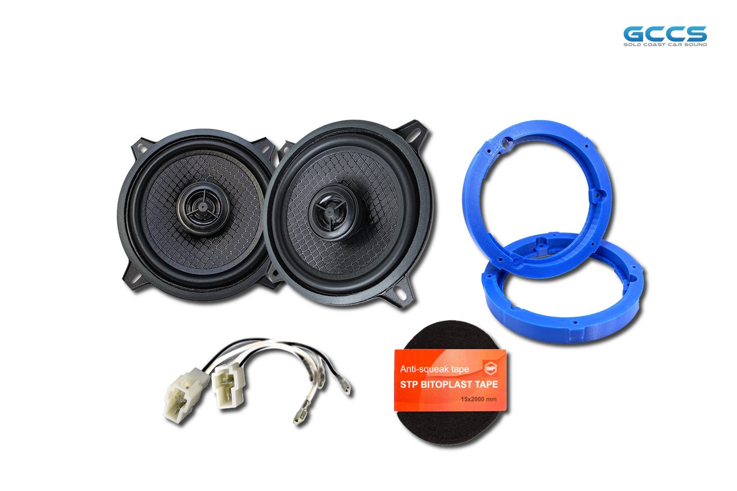 jimny Car speakers, blue ring, and wire harness on a white background with GCCS branding.